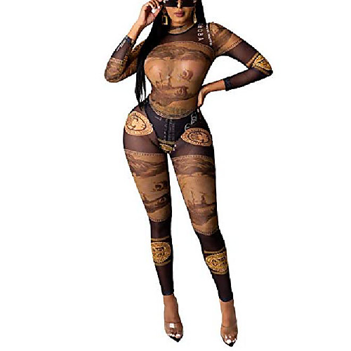 

ekaliy womens sexy see through club jumpsuits money dollar print bodycon jumpsuit sheer mesh skinny pants two piece outfits turtleneck zipper bodycon romper brown xxl