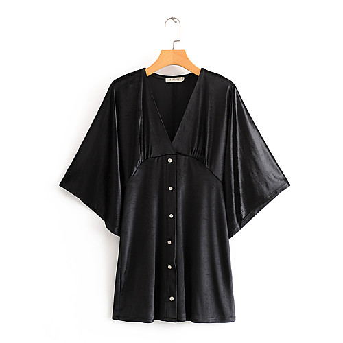 

Women's T Shirt Dress Tee Dress Short Mini Dress Black Half Sleeve Solid Color Ruched Button Spring Summer V Neck Work Casual Flare Cuff Sleeve Cotton 2021 S M L