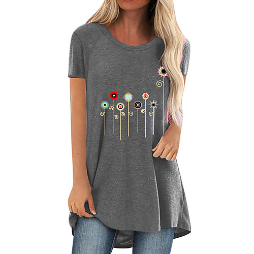 

amazon 2021 summer hot sale color floral print casual large size long round neck short sleeve t-shirt women