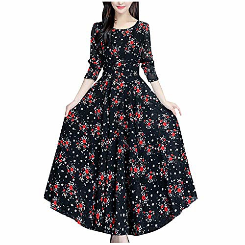 

women floral beach dress long sleeve casual party vintage boho dress black