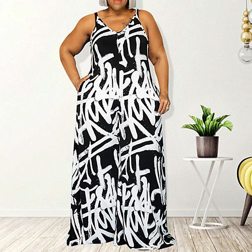 

Women's Plus Size Causal Holiday V Neck Backless Graphic Print Jumpsuit White 3XL 4XL 5XL