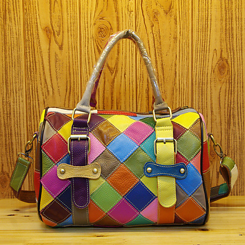 

cross-border new leather and cowhide women's bag, handmade contrast color colorful lattice box bag stitching messenger bag