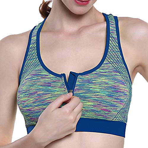 

aimico racerback sports bras for women- zip front padded wireless bra high impact support for yoga gym workout fitness blue m