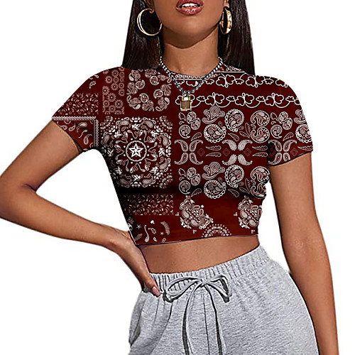 

Women's Crop Tshirt Graphic Print Round Neck Tops Basic Basic Top Black Wine Orange