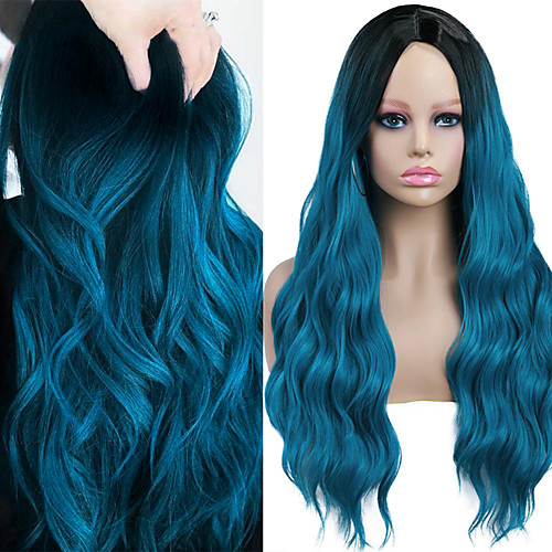 

Synthetic Wig Deep Wave Middle Part Wig Medium Length Ombre Blue Synthetic Hair Women's Cosplay Party Fashion Blue
