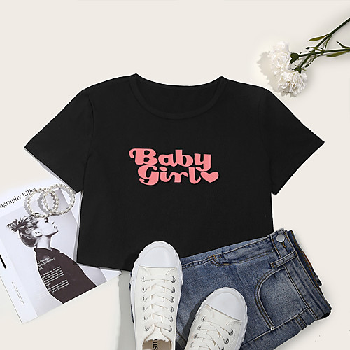 

Women's Crop Tshirt Graphic Letter Print Round Neck Tops Cotton Basic Basic Top White Black