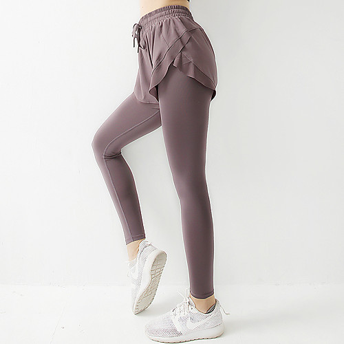 

Women's High Waist Running Tights Leggings Yoga Pants Yoga Skirt 2 in 1 Elastic Waistband Cropped Leggings Tights Leggings Tummy Control Butt Lift Breathable Stripes Solid Color Amethyst Black Spandex