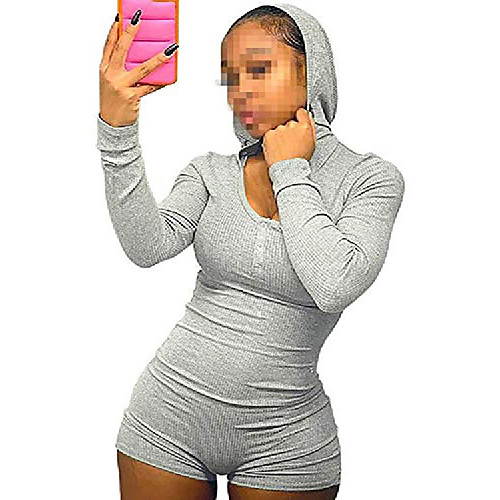 

vnvne women's sexy rib-knit long sleeves one piece bodysuit button down hooded pajama onesie bodycon rompers short jumpsuit (black, s)