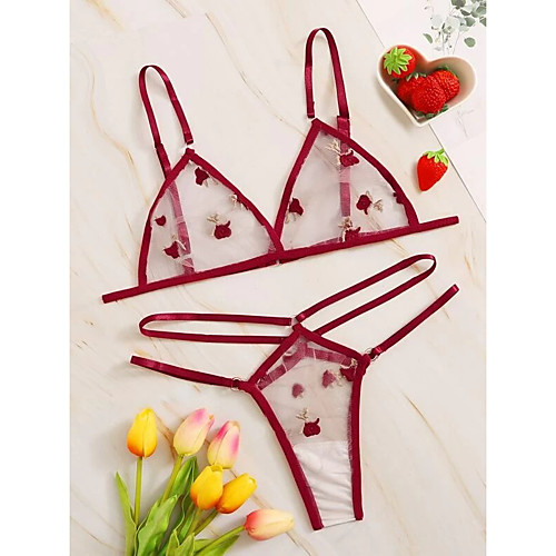 

Women's Layered Lace Hole Matching Bralettes Suits Nightwear Solid Colored Embroidered Bra Red XS S M