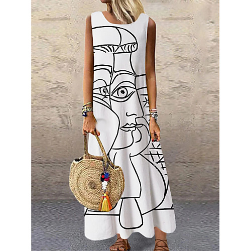 

Women's Shift Dress Maxi long Dress White Sleeveless Print Color Block Print Spring Summer Round Neck Casual 2021 S M L XL XXL 3XL