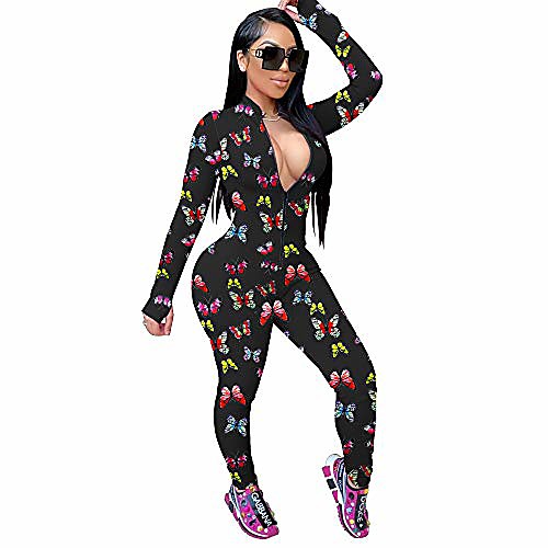 

luckinbaby women's sexy bodycon jumpsuit front zipper romper deep v neck party clubwear outfits (black, m)