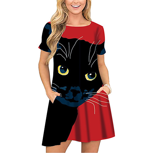 

Women's T Shirt Dress Tee Dress Short Mini Dress Red Short Sleeve Cat Animal Print Spring Summer Round Neck Casual 2021 S M L XL XXL 3XL