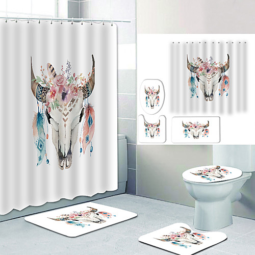 

Colored Feather Cow Head Digital Printing Four-piece Set Shower Curtains and Hooks Modern Polyester Machine Made Waterproof Bathroom