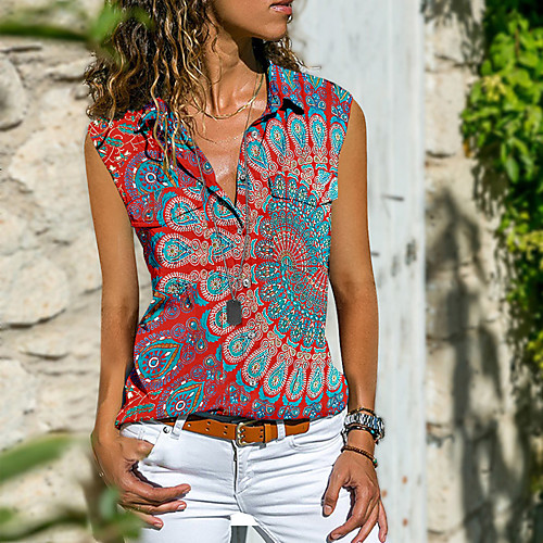 

Women's Blouse Shirt Graphic Paisley Button Print Shirt Collar Tops Streetwear Basic Top Red Yellow Wine