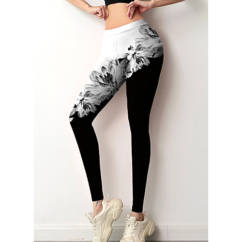 

Women's Colorful Fashion Comfort Leisure Sports Weekend Leggings Pants Floral Color Block Ankle-Length Sporty Elastic Waist Print Black / White
