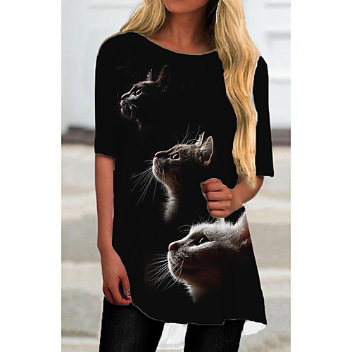 

Women's T Shirt Dress Tee Dress Short Mini Dress Black Half Sleeve Cat Animal Print Spring Summer Round Neck Casual 2021 S M L XL XXL 3XL