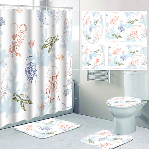 

Four-piece Set of Waterproof Shower Curtain and Hook Cushion for Bathroom Casual Decoration