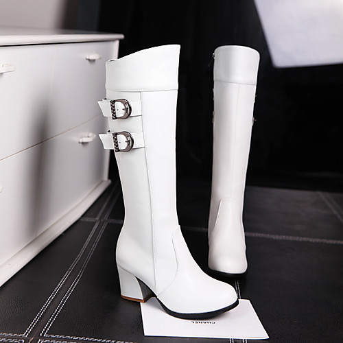 

Women's Boots Chunky Heel Round Toe Knee High Boots PU Solid Colored White Black