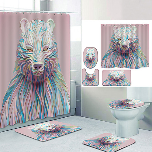 

Pink Cake Bear Digital Printing Four-piece Set Shower Curtains and Hooks Modern Polyester Machine Made Waterproof Bathroom