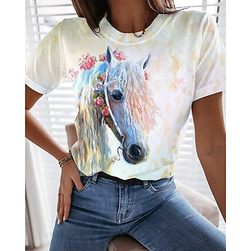 

Women's T shirt Graphic Animal Print Round Neck Tops Basic Basic Top White