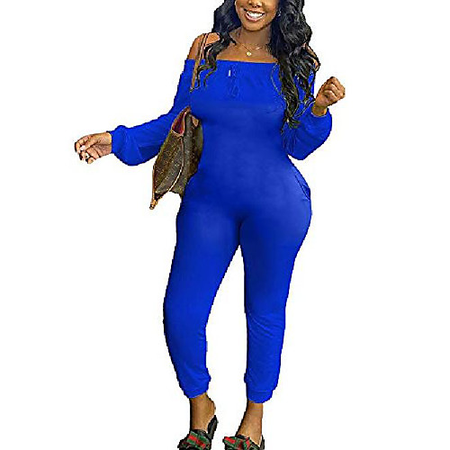 

women casual bodycon romper jumpsuit club bodysuit - long sleeve off shoulder drawstring long pants clubwear one piece outfits with pockets blue, medium