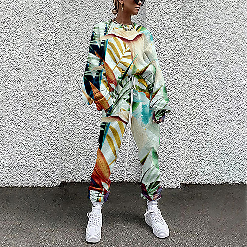 

Women's Basic Streetwear Plant Vacation Casual / Daily Two Piece Set Tracksuit T shirt Pant Loungewear Drawstring Print Tops