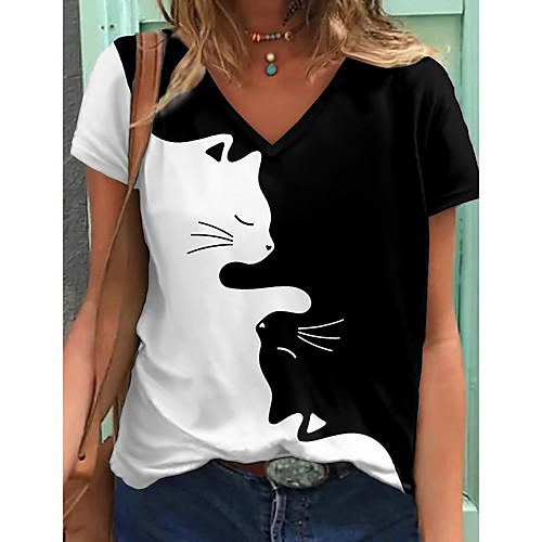 

Women's T shirt Cat Graphic Color Block Print V Neck Tops Basic Basic Top Black