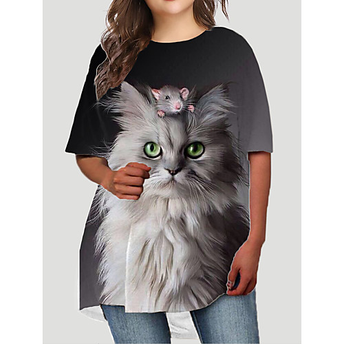 

Women's Plus Size Dresses T Shirt Dress Tee Dress Short Mini Dress Half Sleeve Cat Graphic Animal Print Basic Fall Dark Gray XL XXL 3XL 4XL 5XL / Holiday