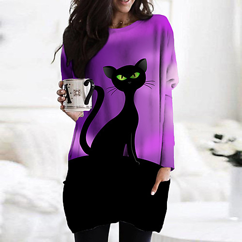 

Women's Shift Dress Short Mini Dress Purple Long Sleeve Cat Animal Print Fall Spring Round Neck Casual 3D Print S M L XL XXL 3XL