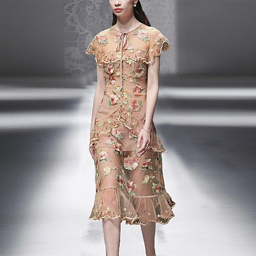 

Sheath / Column Maxi Floral Holiday Cocktail Party Dress Jewel Neck Short Sleeve Tea Length Tulle with Ruffles Embroidery 2021