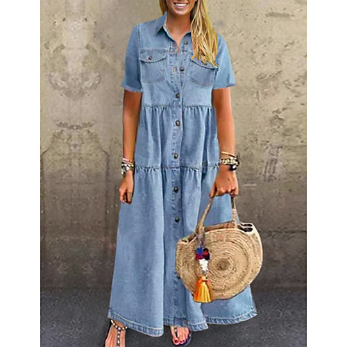 

Women's Plus Size Dress Denim Shirt Dress Maxi long Dress Short Sleeve Patchwork Casual Summer Sky Blue Dark Blue XL XXL 3XL 4XL 5XL Cotton