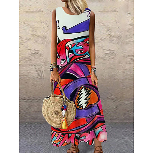 

Women's Shift Dress Maxi long Dress Red Sleeveless Print Geometric Print Spring Summer Round Neck Casual 2021 S M L XL XXL 3XL