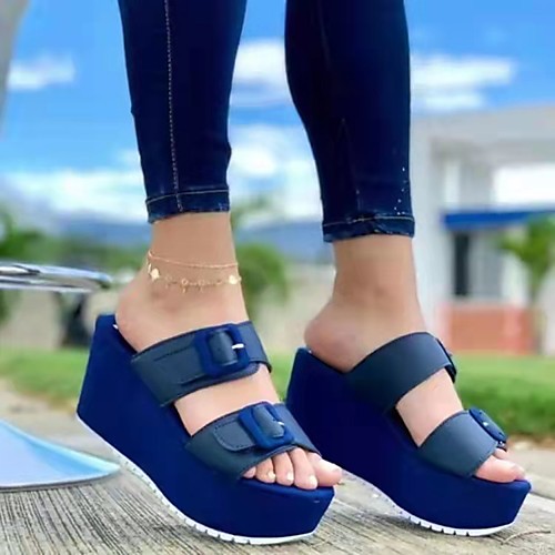 

Women's Slippers & Flip-Flops Wedge Heel Peep Toe PU Flower Solid Colored White Blue Pink