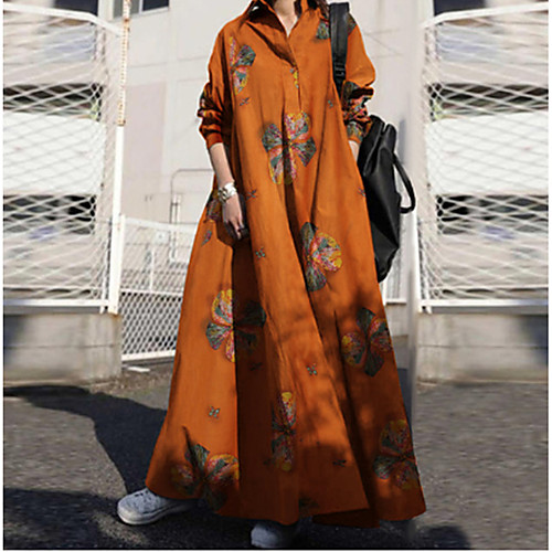 

2020 cross-border aliexpress amazon autumn printed cotton and linen retro ethnic style loose long-sleeved big swing dress