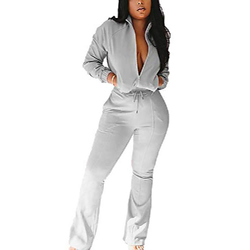 

leisup woman's 2 piece jumpsuit sets zipper up crop top drawstring stretch pants tracksuit,grey s