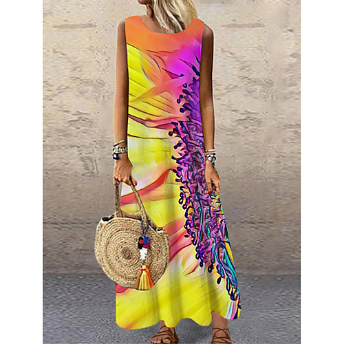 

Women's Shift Dress Maxi long Dress Yellow Sleeveless Floral Print Print Spring Summer Round Neck Casual 2021 S M L XL XXL 3XL