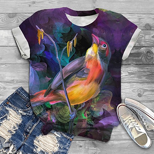 

Women's Plus Size Print Graphic Bird Animal T shirt Large Size Crewneck Short Sleeve Basic Tops XL XXL 3XL Purple Big Size