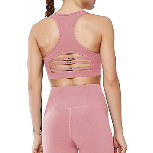 

ecupper women sport bra with back pocket running yoga mesh bras padded workout pink xl