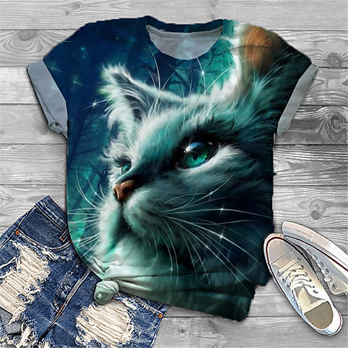 

Women's Plus Size Print Cat Graphic Animal T shirt Large Size Crewneck Short Sleeve Basic Tops XL XXL 3XL Blue Big Size