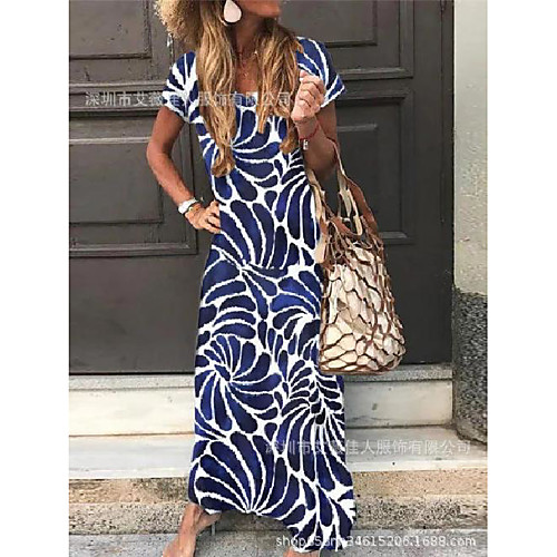 

2021 summer european and american foreign trade women's clothing independent station hot new style v-neck short-sleeved skirt printed long dress