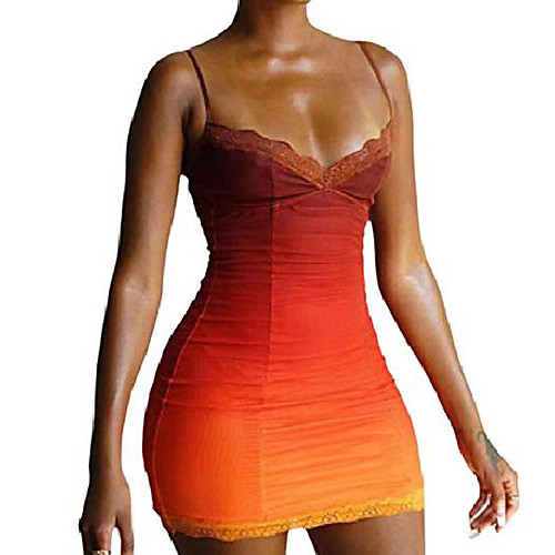

sexy women spaghetti straps dress gradient color lace patchwork mini dress v neck party club bodycon streetwear (orange, s)