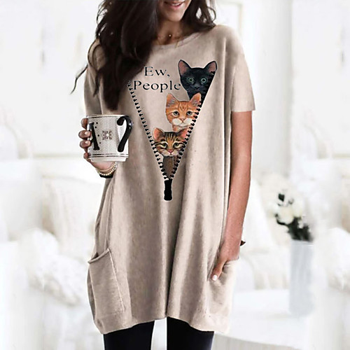 

Women's T shirt Dress Cat Graphic 3D Round Neck Tops Basic Basic Top Black Wine Army Green