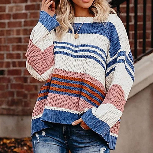 

Women's Stylish Knitted Striped Sweater Long Sleeve Sweater Cardigans Crew Neck Winter Spring Black Blue