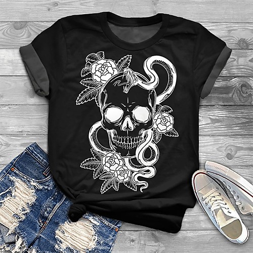 

Women's Plus Size Print Graphic Skull T shirt Large Size Crewneck Short Sleeve Basic Tops XL XXL 3XL Black Big Size