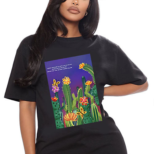 

Women's T shirt Floral Plants Print Round Neck Tops 100% Cotton Basic Basic Top White Black