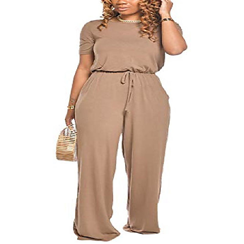 

vkvka womens loose jumpsuit - short sleeves wide leg elastic waist casual romper with pockets