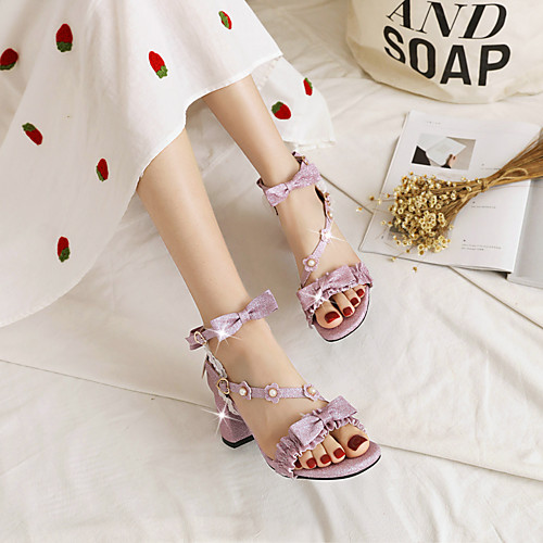 

Women's Sandals Chunky Heel Open Toe PU Buckle Lace Solid Colored Light Purple Gold Light Blue