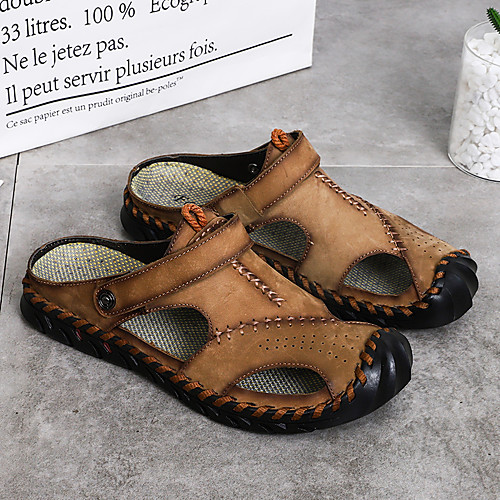 

Men's Sandals Casual Daily Water Shoes Nappa Leather Breathable Handmade Wear Proof Black Khaki Brown Summer