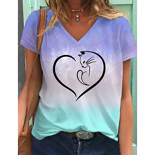 

Women's T shirt Color Gradient Graphic Heart Print V Neck Tops Basic Basic Top Blue Purple Green