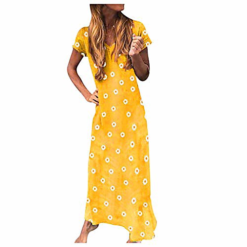 

kinsaiy dresses for women casual summer plus size, short sleeve v-neck boho dress maxi dress loose comfortable sundress yellow